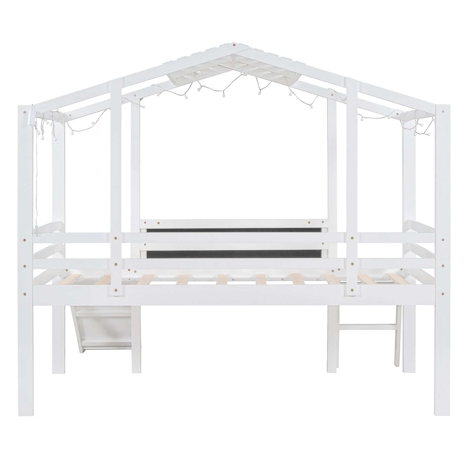 Twin Size Loft Bed with Ladder and Slide, House Bed with Blackboard and Light Strip on the Roof, White image 12