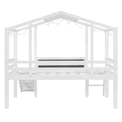 Twin Size Loft Bed with Ladder and Slide, House Bed with Blackboard and Light Strip on the Roof, White image 12