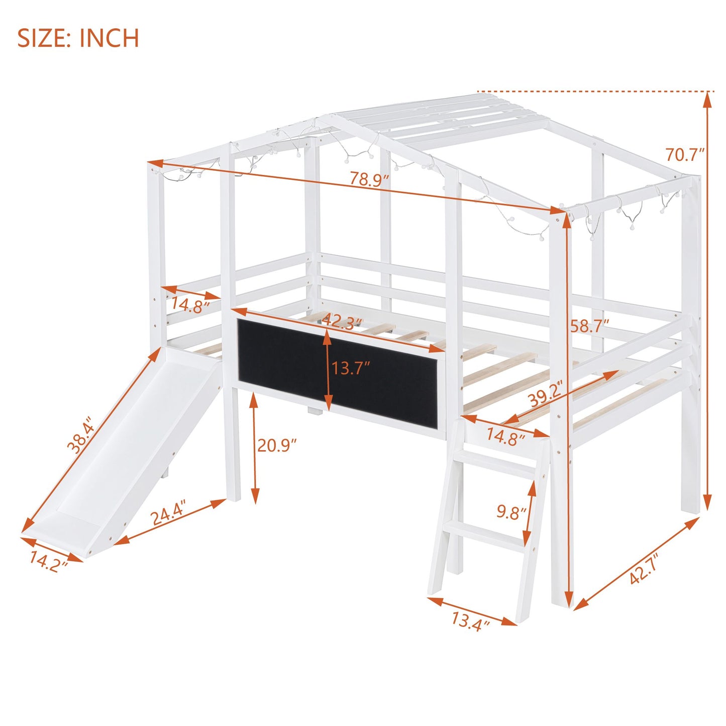 Twin Size Loft Bed with Ladder and Slide, House Bed with Blackboard and Light Strip on the Roof, White image 10