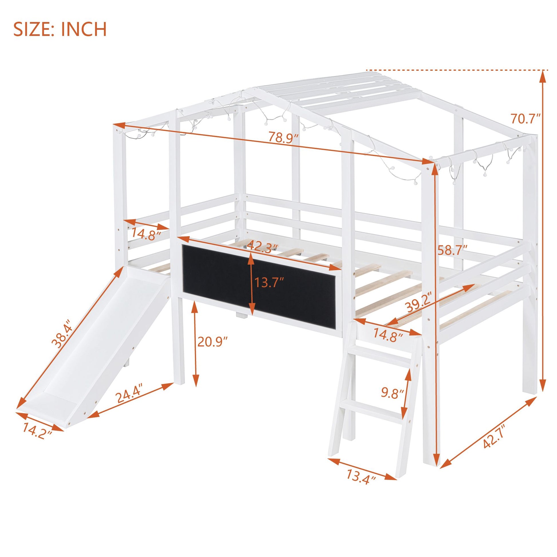 Twin Size Loft Bed with Ladder and Slide, House Bed with Blackboard and Light Strip on the Roof, White image 10