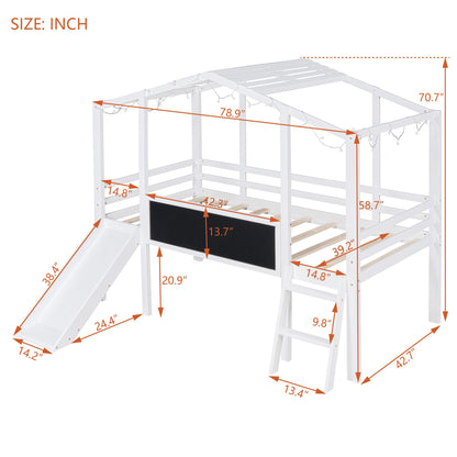 Twin Size Loft Bed with Ladder and Slide, House Bed with Blackboard and Light Strip on the Roof, White image 10