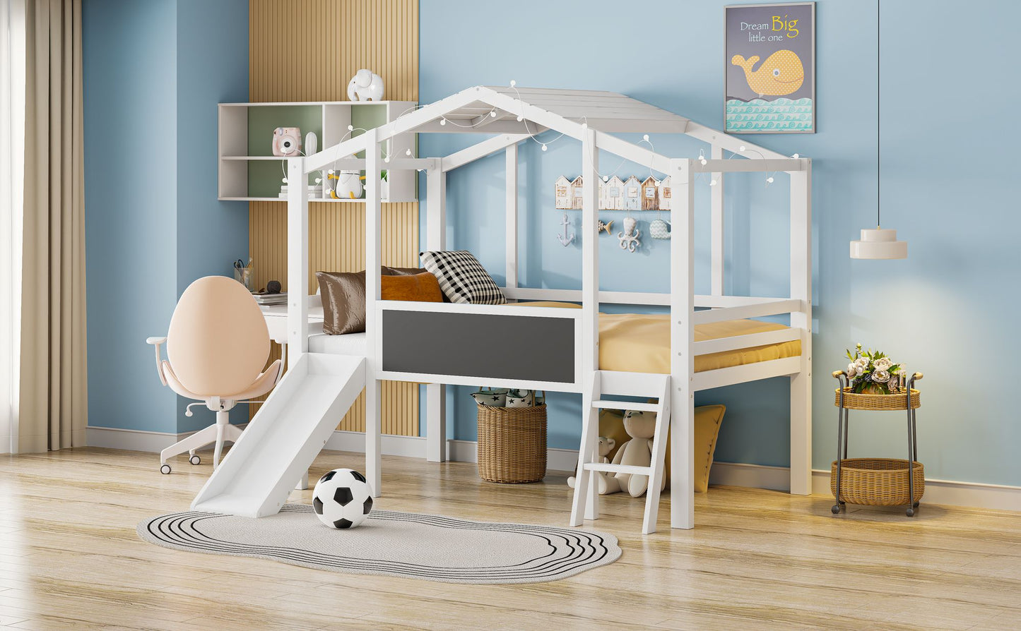 Twin Size Loft Bed with Ladder and Slide, House Bed with Blackboard and Light Strip on the Roof, White image 18