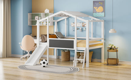 Twin Size Loft Bed with Ladder and Slide, House Bed with Blackboard and Light Strip on the Roof, White image 18