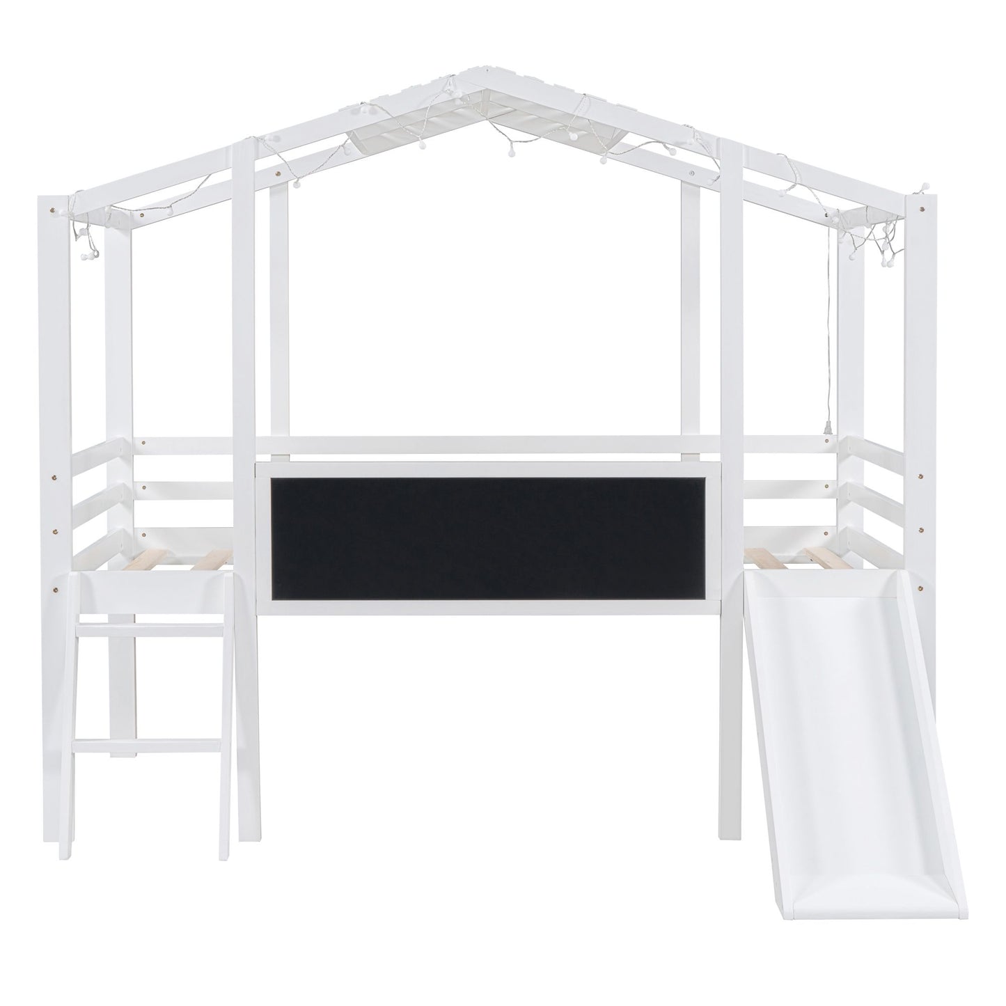 Twin Size Loft Bed with Ladder and Slide, House Bed with Blackboard and Light Strip on the Roof, White image 5