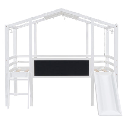 Twin Size Loft Bed with Ladder and Slide, House Bed with Blackboard and Light Strip on the Roof, White image 5