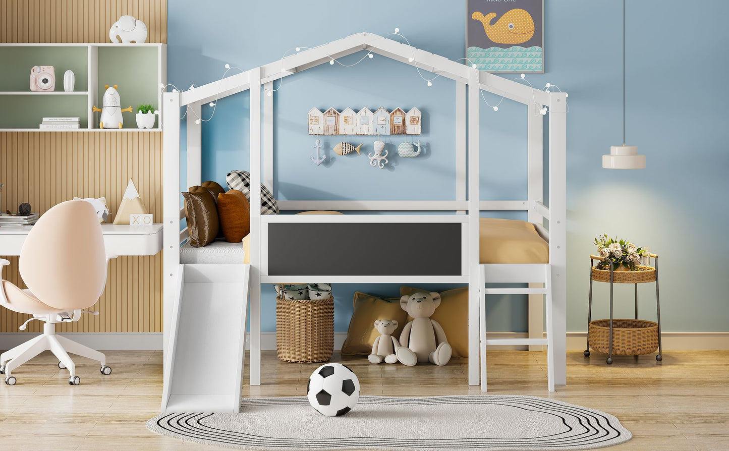 Twin Size Loft Bed with Ladder and Slide, House Bed with Blackboard and Light Strip on the Roof, White image 20