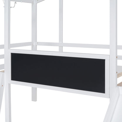 Twin Size Loft Bed with Ladder and Slide, House Bed with Blackboard and Light Strip on the Roof, White image 16
