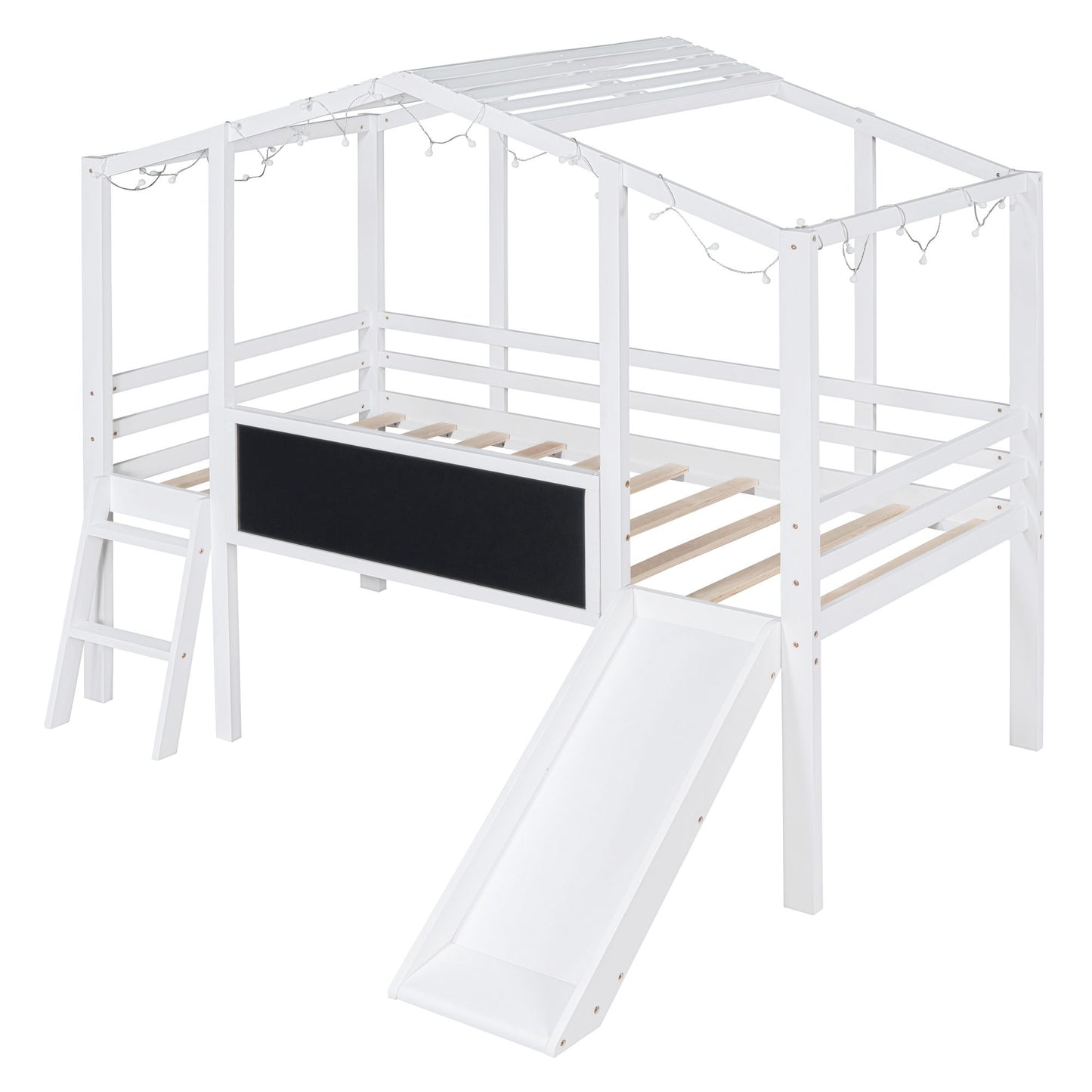 Twin Size Loft Bed with Ladder and Slide, House Bed with Blackboard and Light Strip on the Roof, White image 9