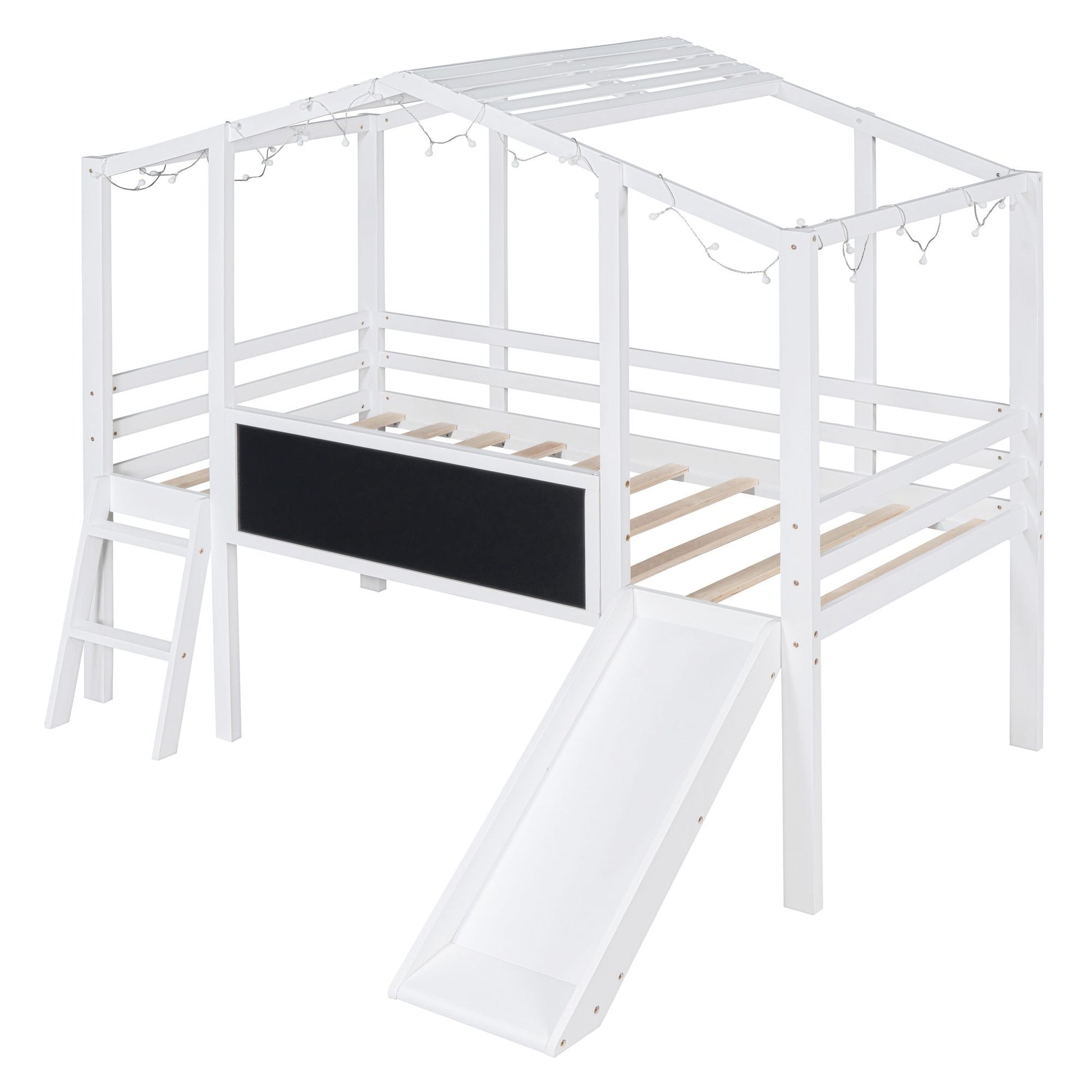 Twin Size Loft Bed with Ladder and Slide, House Bed with Blackboard and Light Strip on the Roof, White image 9
