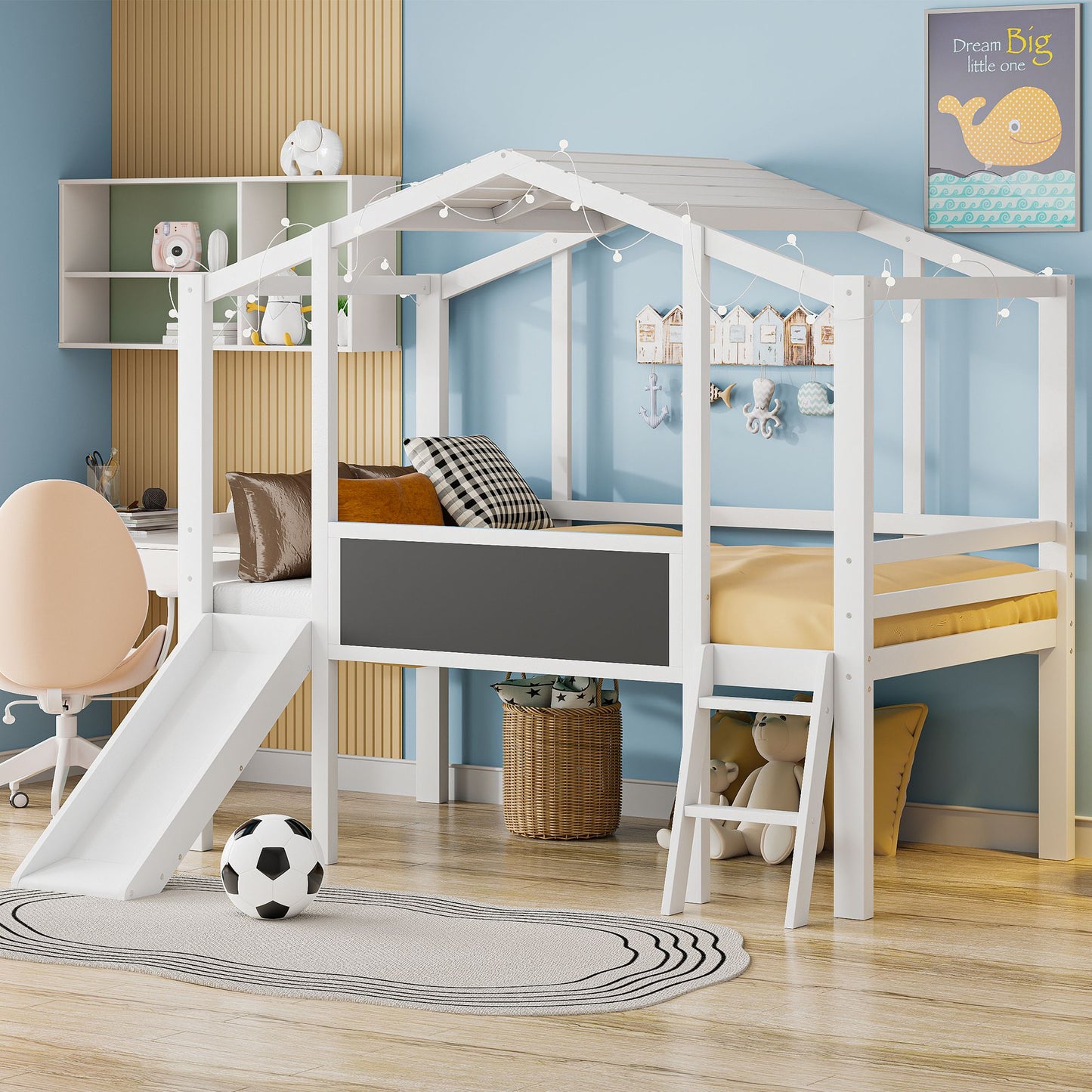 Twin Size Loft Bed with Ladder and Slide, House Bed with Blackboard and Light Strip on the Roof, White image 1