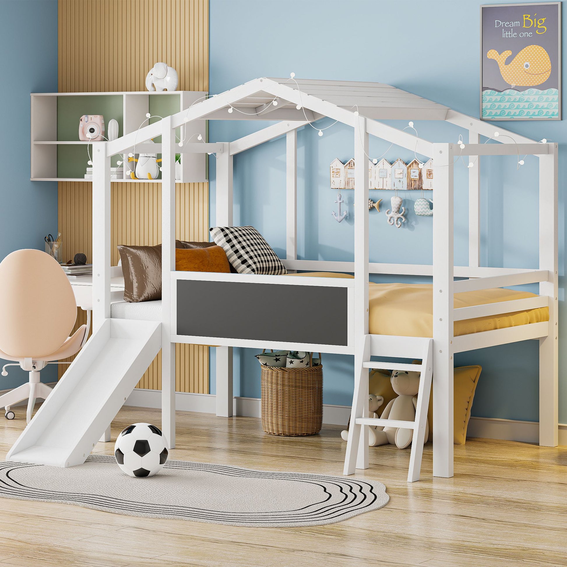 Twin Size Loft Bed with Ladder and Slide, House Bed with Blackboard and Light Strip on the Roof, White image 1