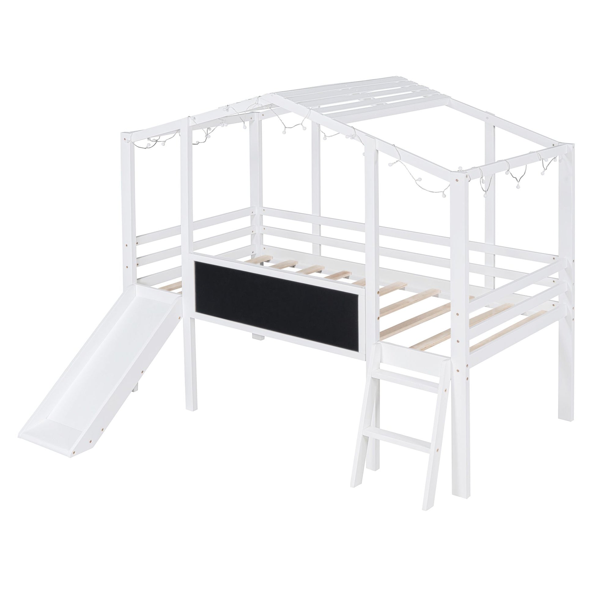 Twin Size Loft Bed with Ladder and Slide, House Bed with Blackboard and Light Strip on the Roof, White image 6