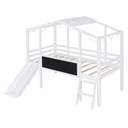 Twin Size Loft Bed with Ladder and Slide, House Bed with Blackboard and Light Strip on the Roof, White image 6