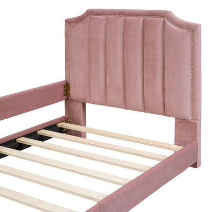 Twin Size Upholstered Daybed with Classic Stripe Shaped Headboard, Pink image 9