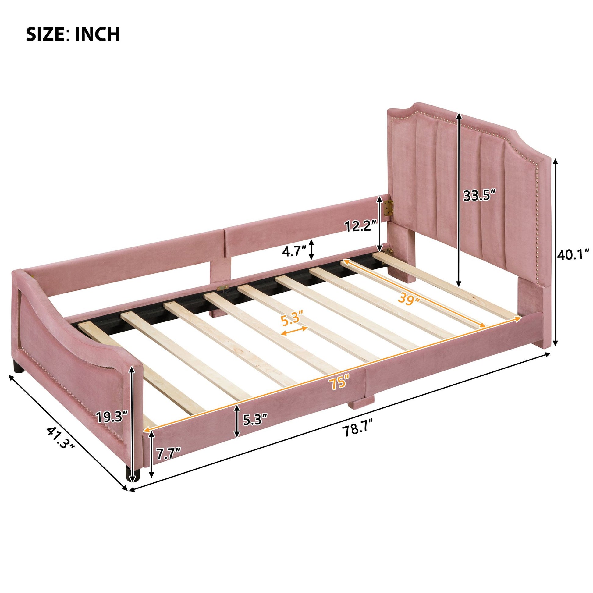 Twin Size Upholstered Daybed with Classic Stripe Shaped Headboard, Pink image 8