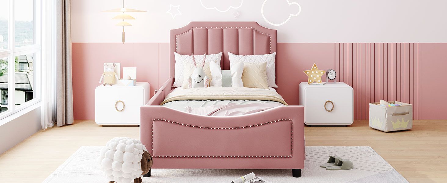 Twin Size Upholstered Daybed with Classic Stripe Shaped Headboard, Pink image 14
