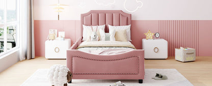 Twin Size Upholstered Daybed with Classic Stripe Shaped Headboard, Pink image 14