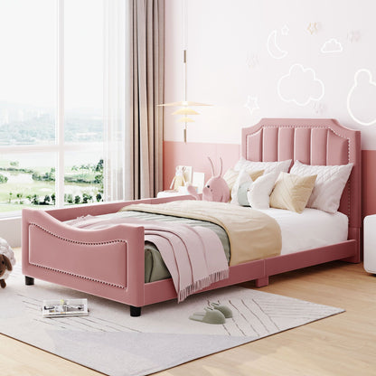 Twin Size Upholstered Daybed with Classic Stripe Shaped Headboard, Pink image 2