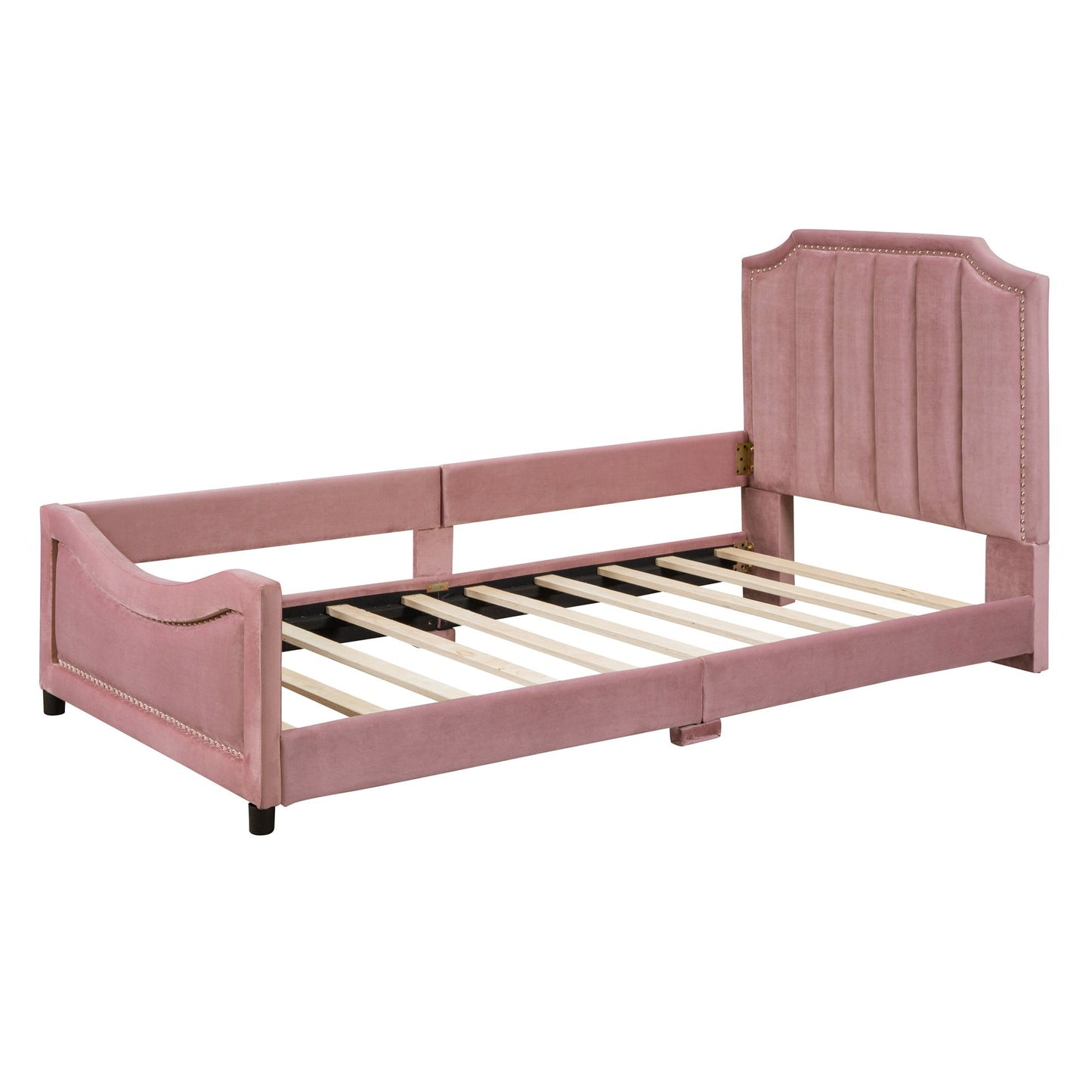 Twin Size Upholstered Daybed with Classic Stripe Shaped Headboard, Pink image 6