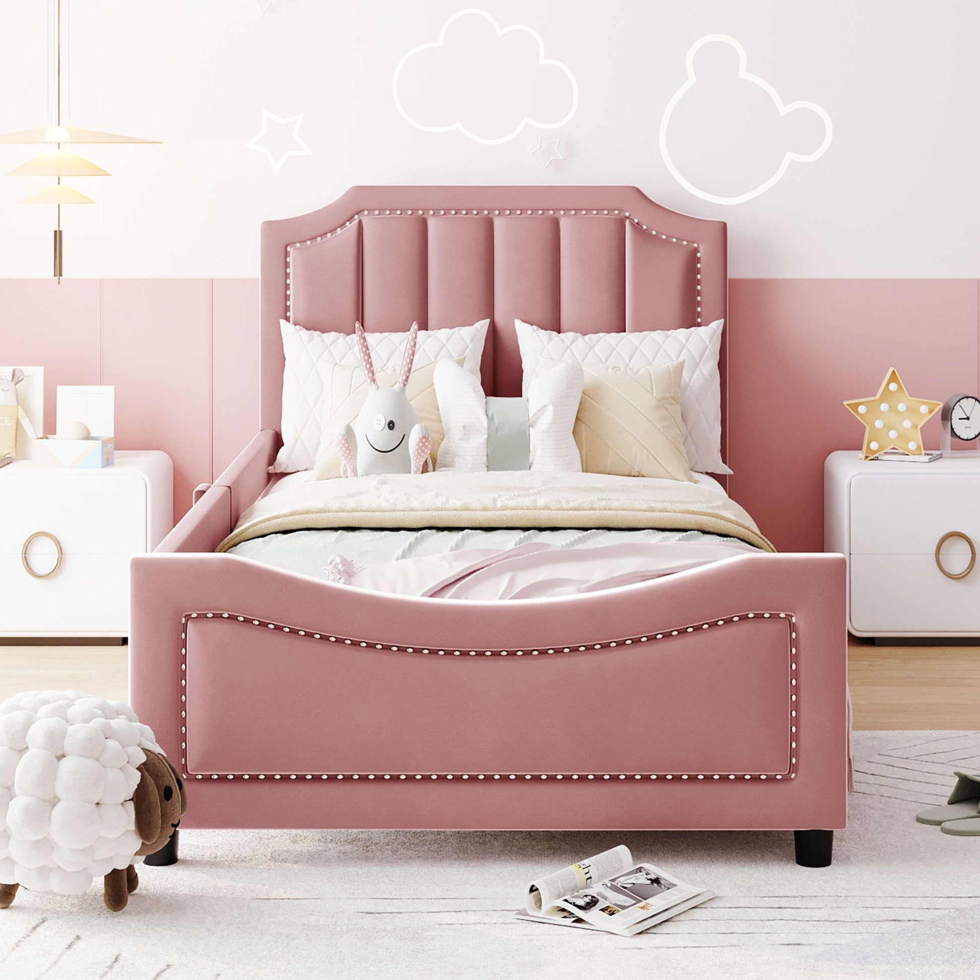 Twin Size Upholstered Daybed with Classic Stripe Shaped Headboard, Pink image 3