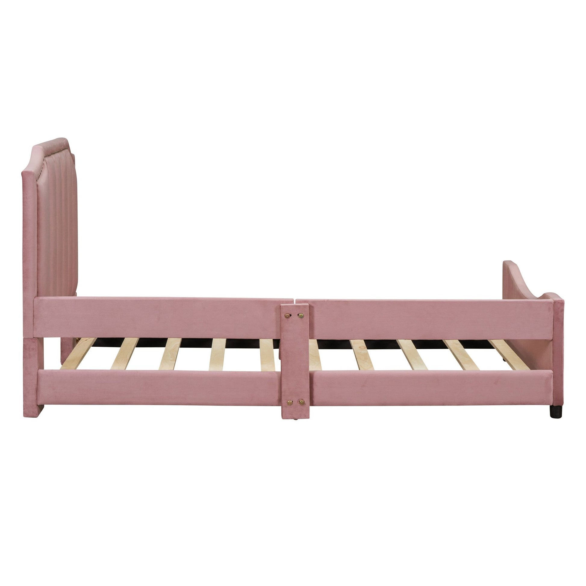 Twin Size Upholstered Daybed with Classic Stripe Shaped Headboard, Pink image 7