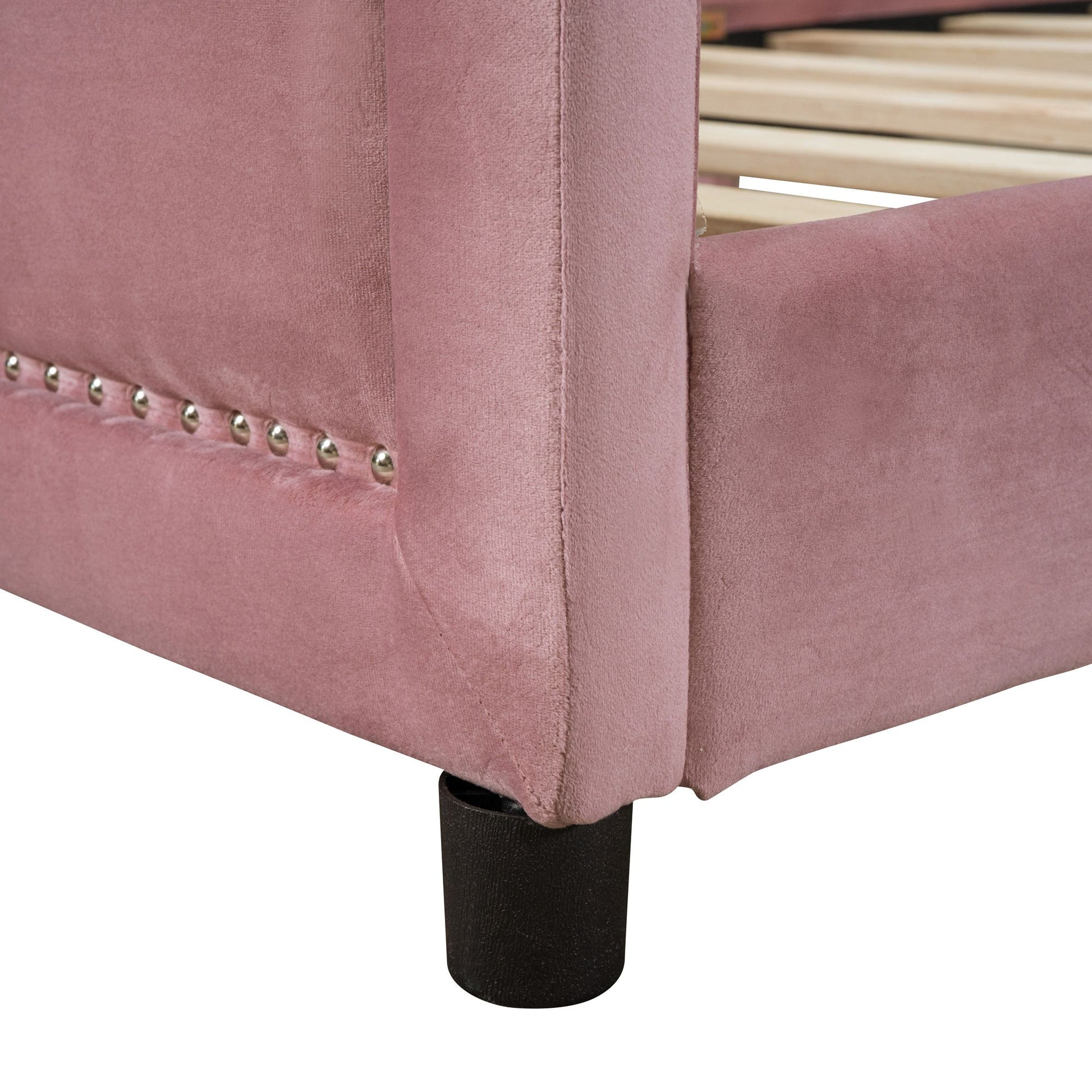 Twin Size Upholstered Daybed with Classic Stripe Shaped Headboard, Pink image 12