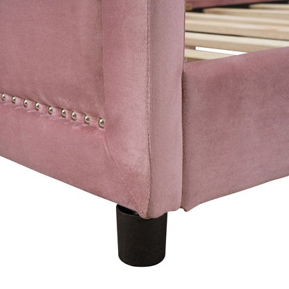 Twin Size Upholstered Daybed with Classic Stripe Shaped Headboard, Pink image 12