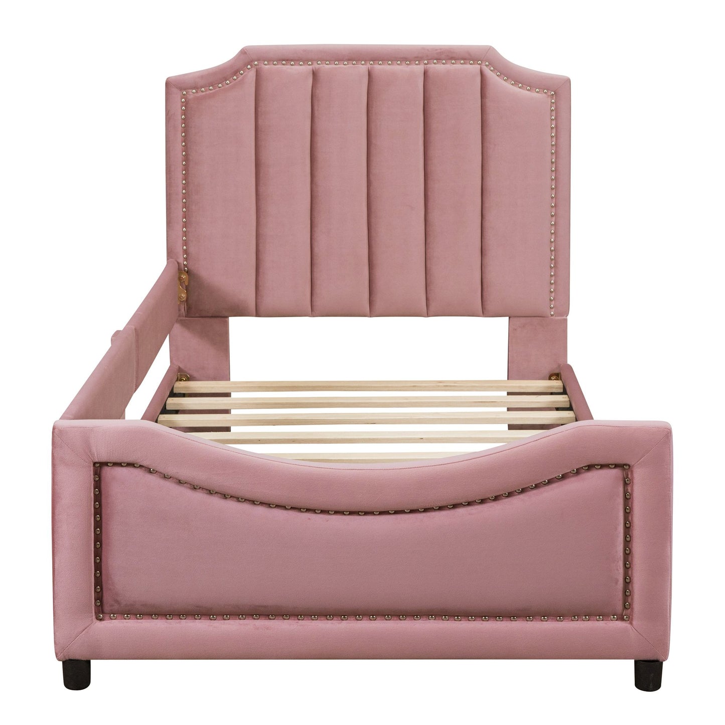 Twin Size Upholstered Daybed with Classic Stripe Shaped Headboard, Pink image 4