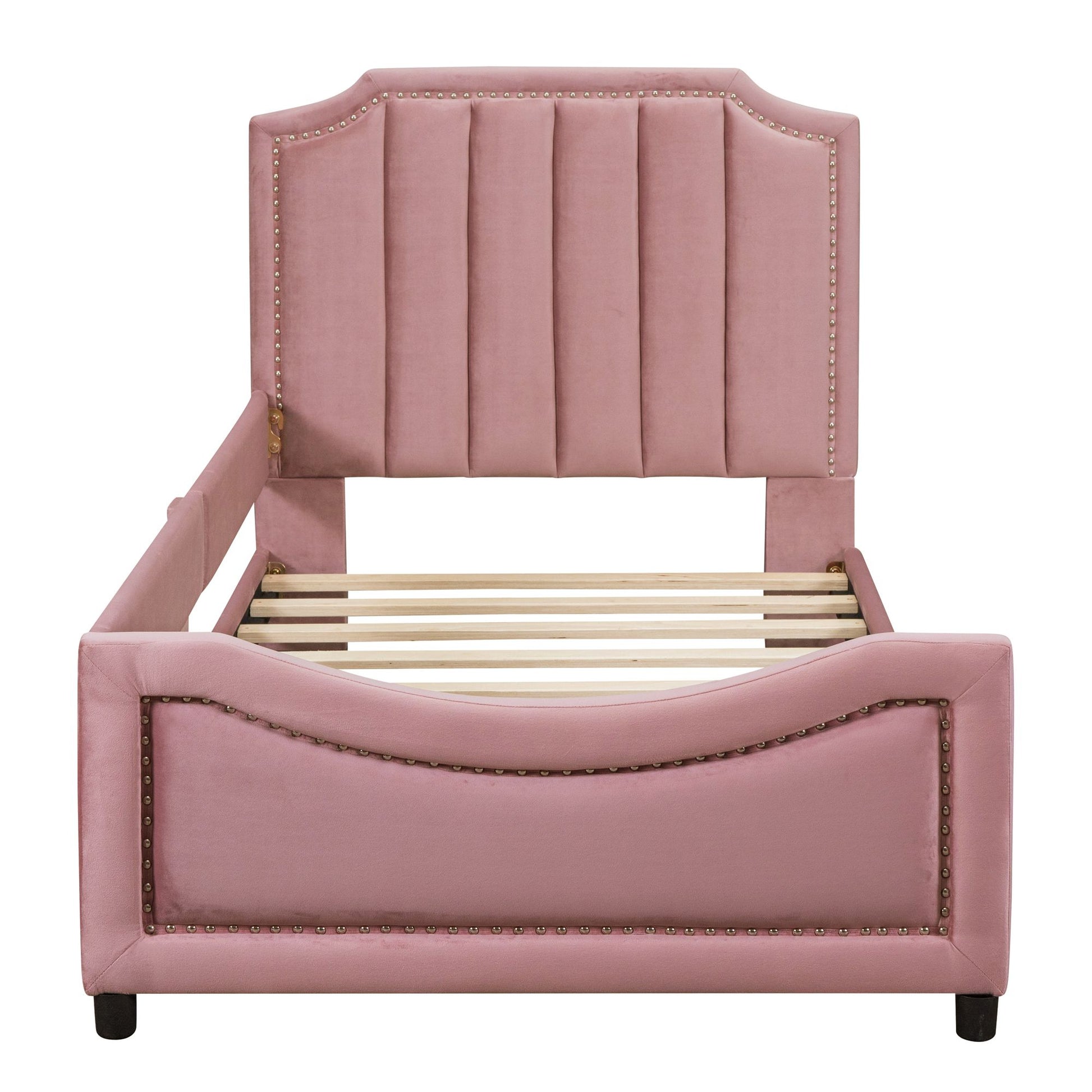Twin Size Upholstered Daybed with Classic Stripe Shaped Headboard, Pink image 4