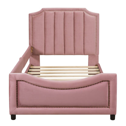 Twin Size Upholstered Daybed with Classic Stripe Shaped Headboard, Pink image 4