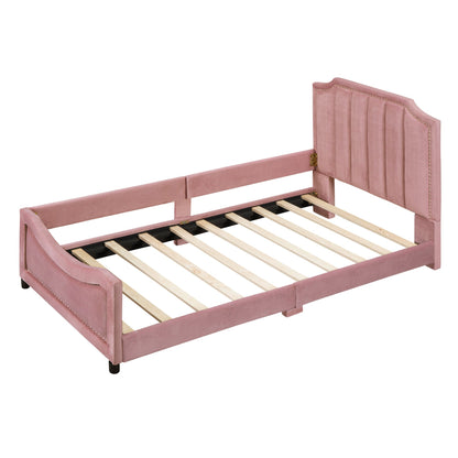 Twin Size Upholstered Daybed with Classic Stripe Shaped Headboard, Pink image 5