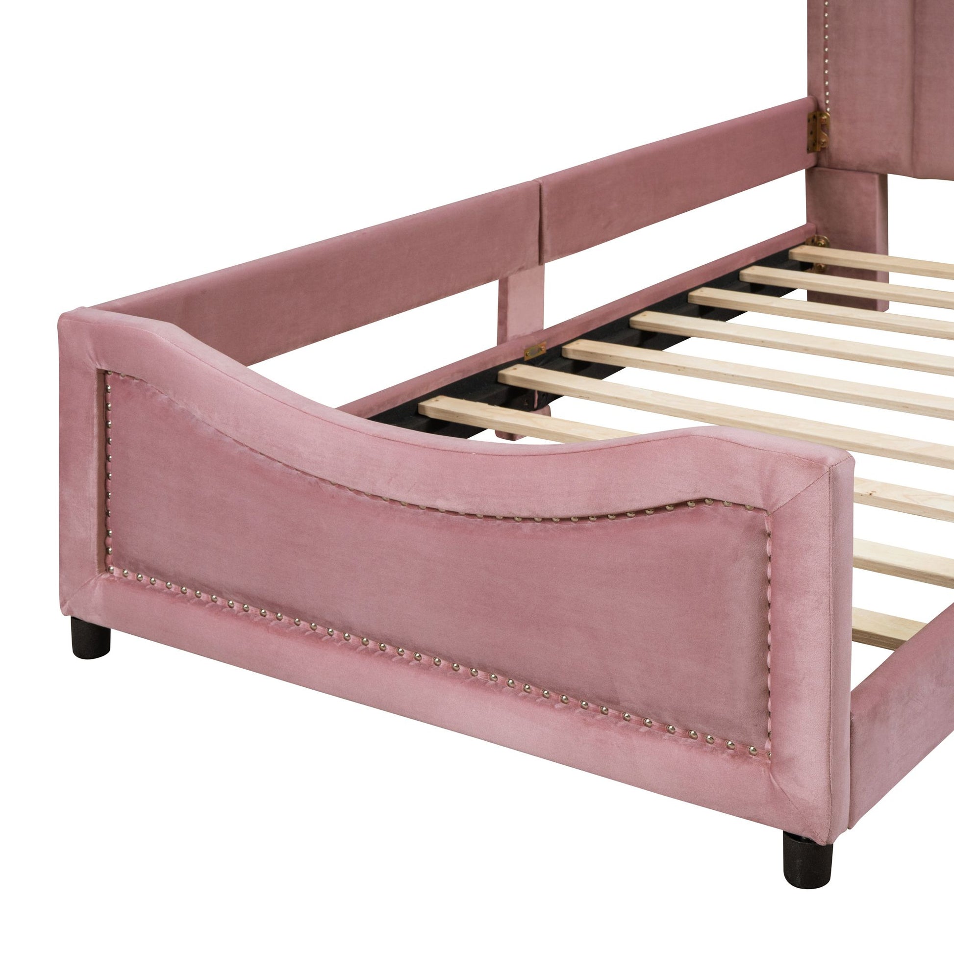 Twin Size Upholstered Daybed with Classic Stripe Shaped Headboard, Pink image 10