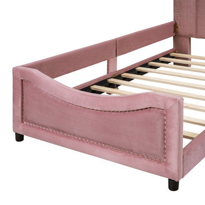 Twin Size Upholstered Daybed with Classic Stripe Shaped Headboard, Pink image 10