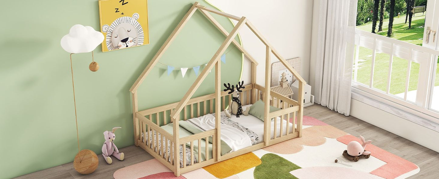 Twin Wood House-Shaped Floor Bed with Fence, Guardrails ,Natural image 17