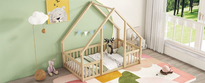 Twin Wood House-Shaped Floor Bed with Fence, Guardrails ,Natural image 17