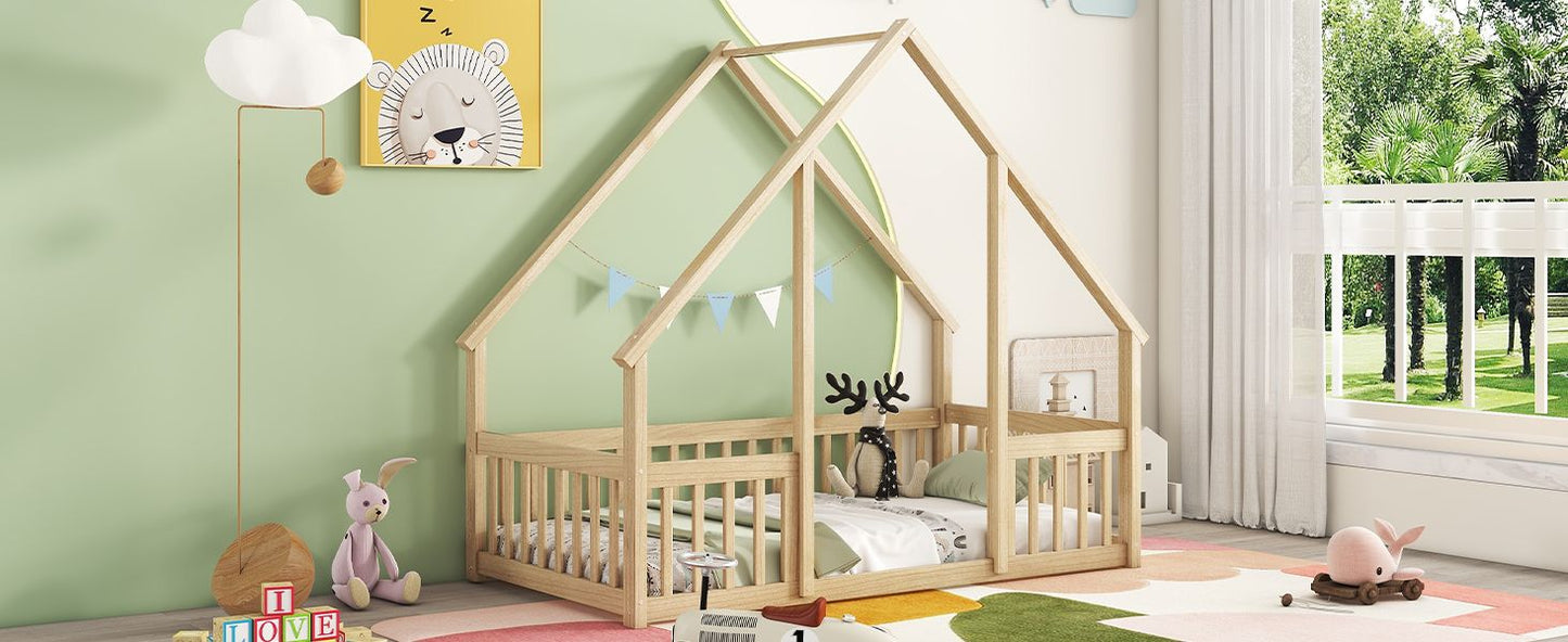 Twin Wood House-Shaped Floor Bed with Fence, Guardrails ,Natural image 16