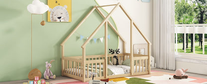 Twin Wood House-Shaped Floor Bed with Fence, Guardrails ,Natural image 16