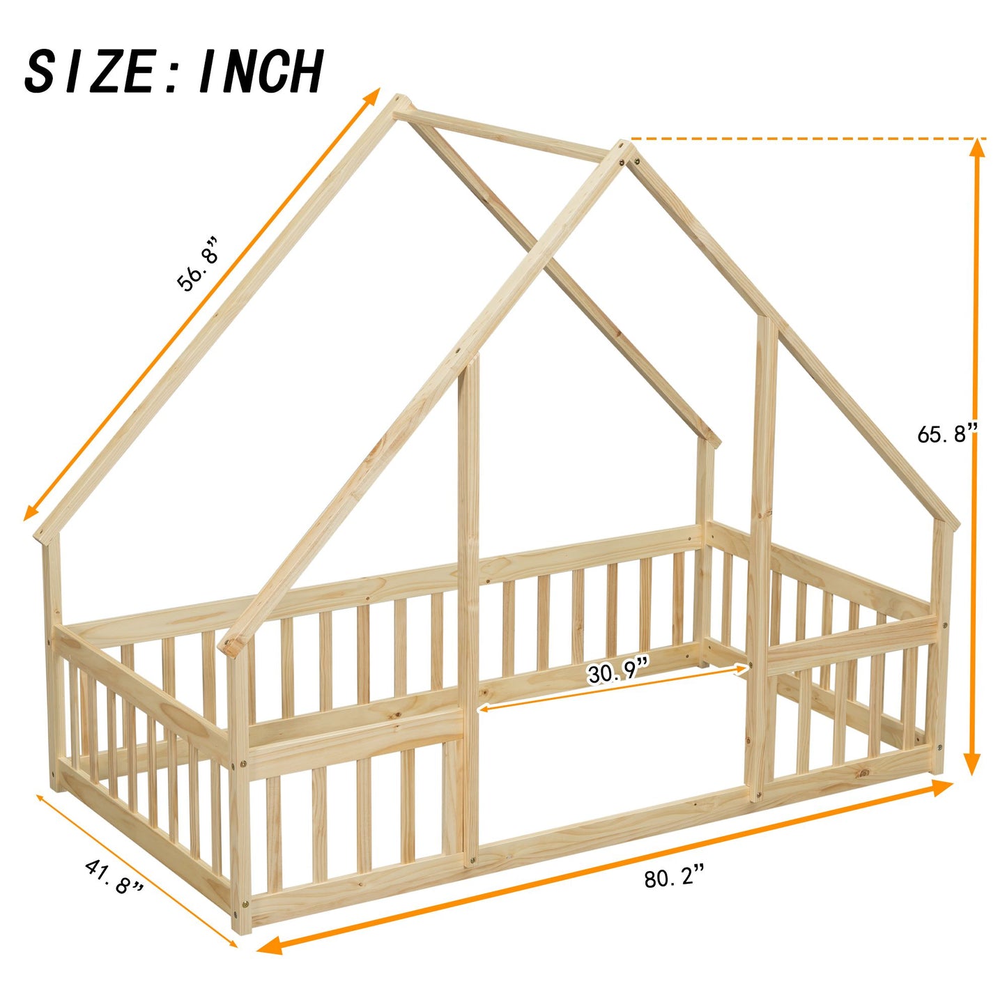 Twin Wood House-Shaped Floor Bed with Fence, Guardrails ,Natural image 20