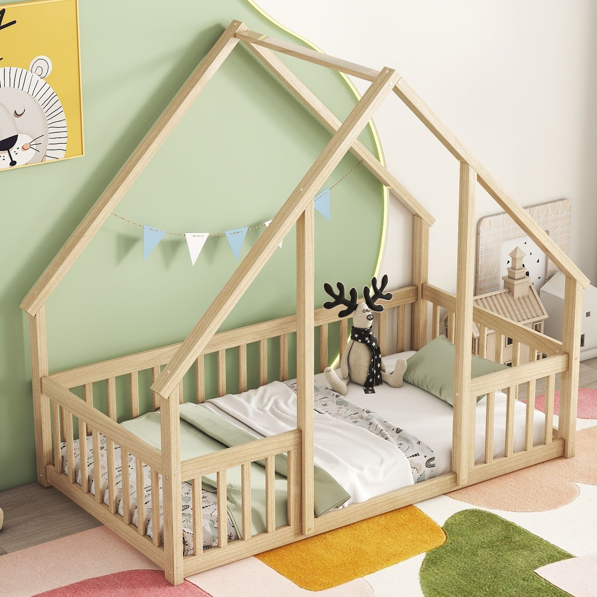 Twin Wood House-Shaped Floor Bed with Fence, Guardrails ,Natural image 8