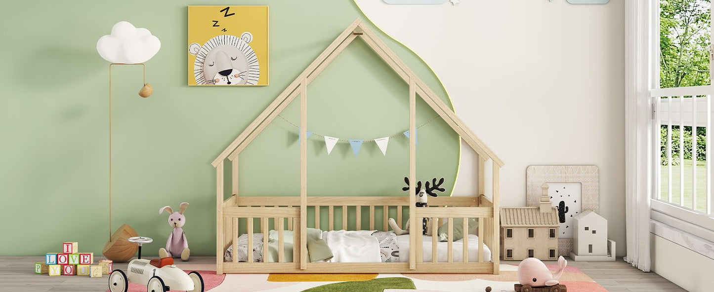 Twin Wood House-Shaped Floor Bed with Fence, Guardrails ,Natural image 18