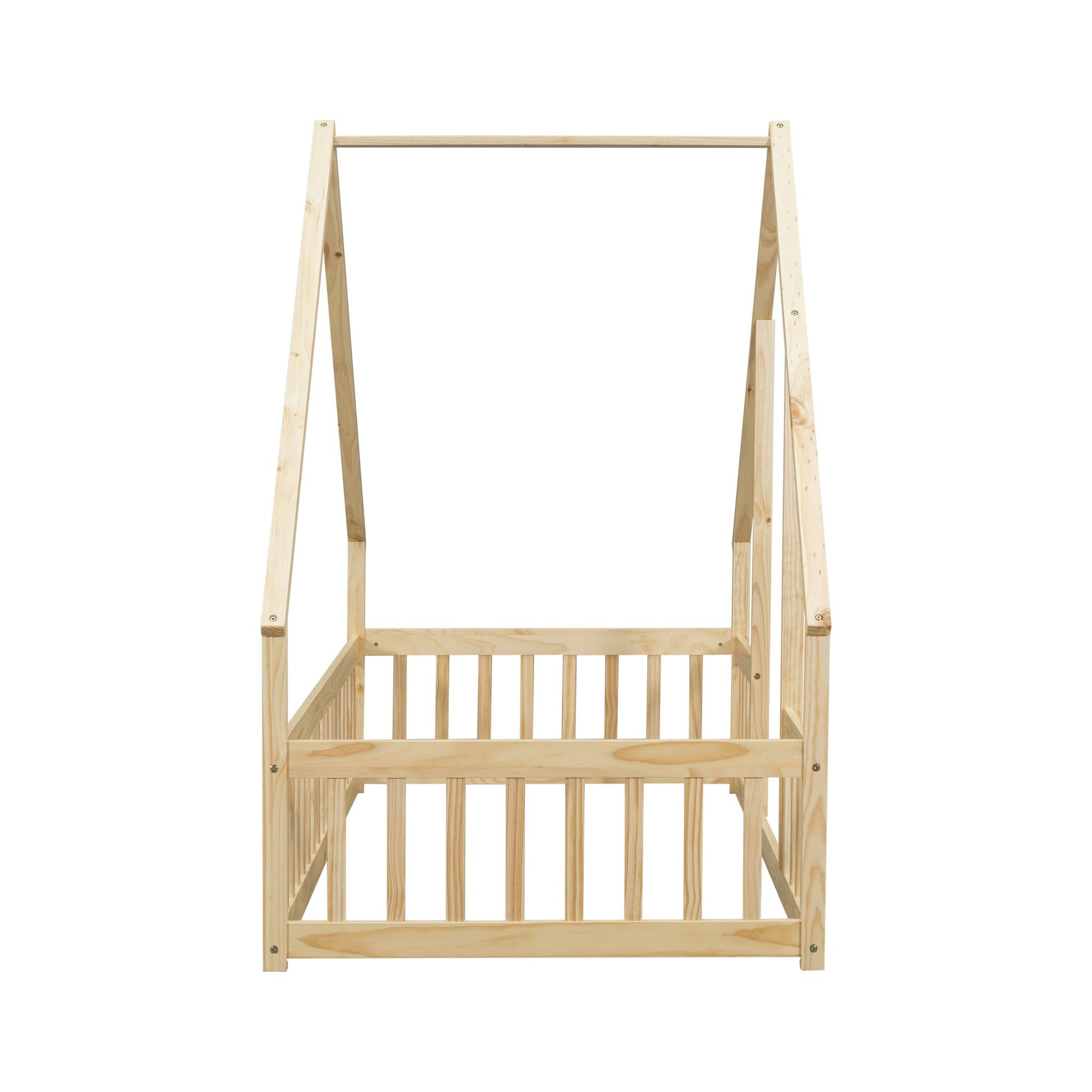 Twin Wood House-Shaped Floor Bed with Fence, Guardrails ,Natural image 6