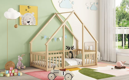 Twin Wood House-Shaped Floor Bed with Fence, Guardrails ,Natural image 13