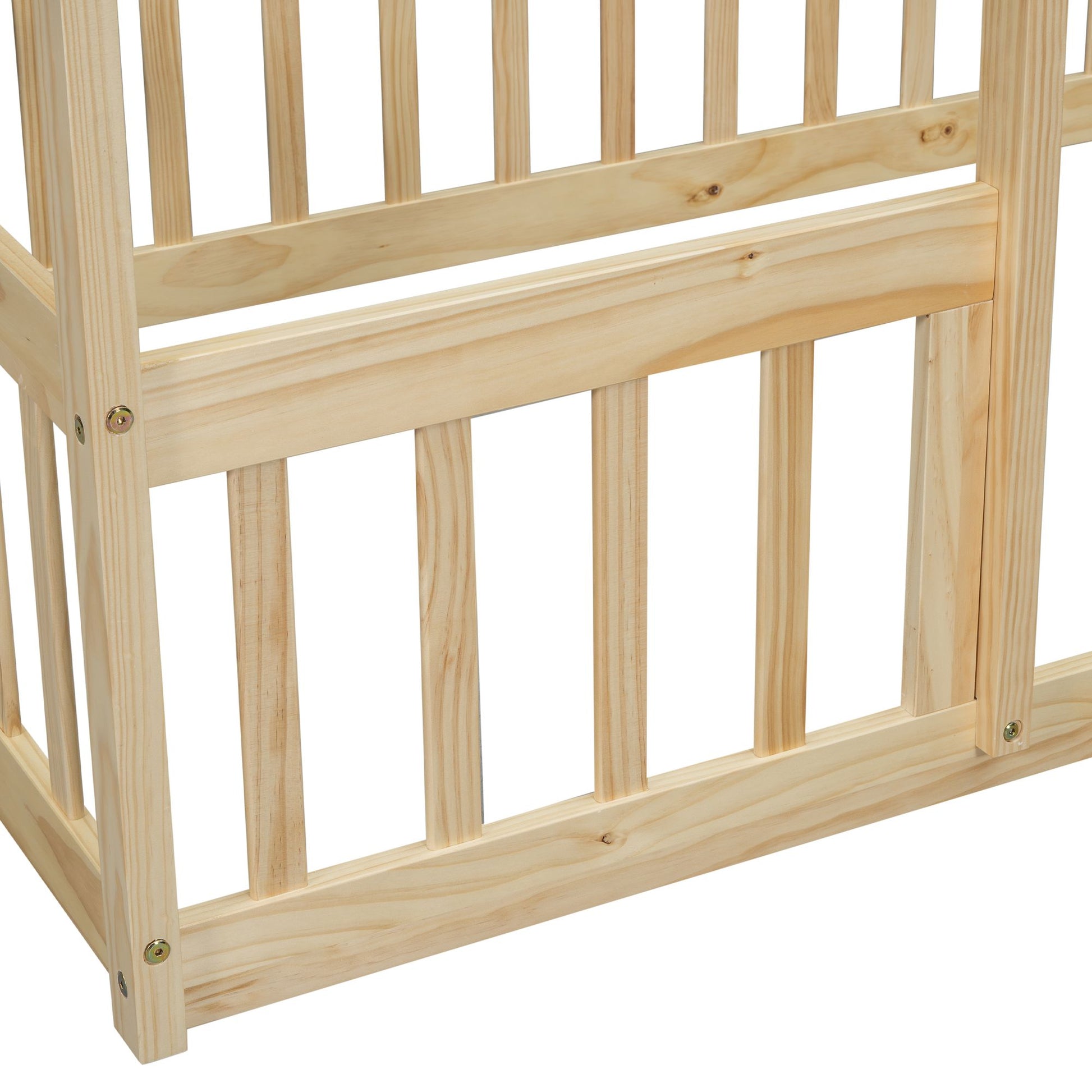 Twin Wood House-Shaped Floor Bed with Fence, Guardrails ,Natural image 2