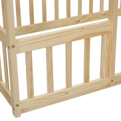 Twin Wood House-Shaped Floor Bed with Fence, Guardrails ,Natural image 2
