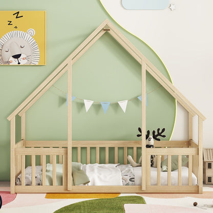 Twin Wood House-Shaped Floor Bed with Fence, Guardrails ,Natural image 9