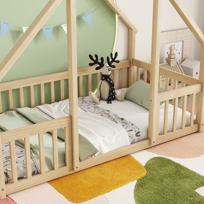 Twin Wood House-Shaped Floor Bed with Fence, Guardrails ,Natural image 10