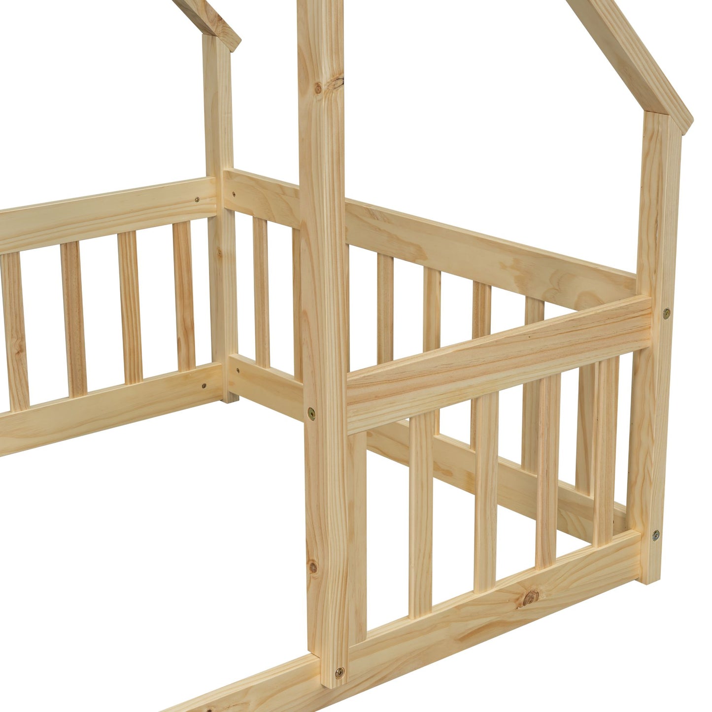 Twin Wood House-Shaped Floor Bed with Fence, Guardrails ,Natural image 1