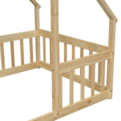Twin Wood House-Shaped Floor Bed with Fence, Guardrails ,Natural image 1