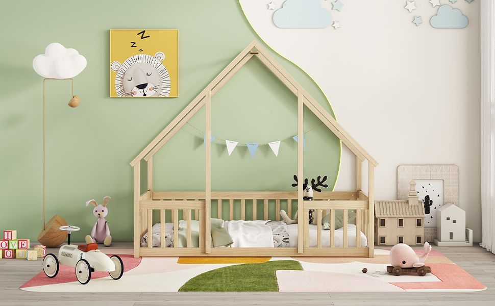 Twin Wood House-Shaped Floor Bed with Fence, Guardrails ,Natural image 14