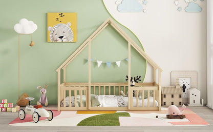 Twin Wood House-Shaped Floor Bed with Fence, Guardrails ,Natural image 14